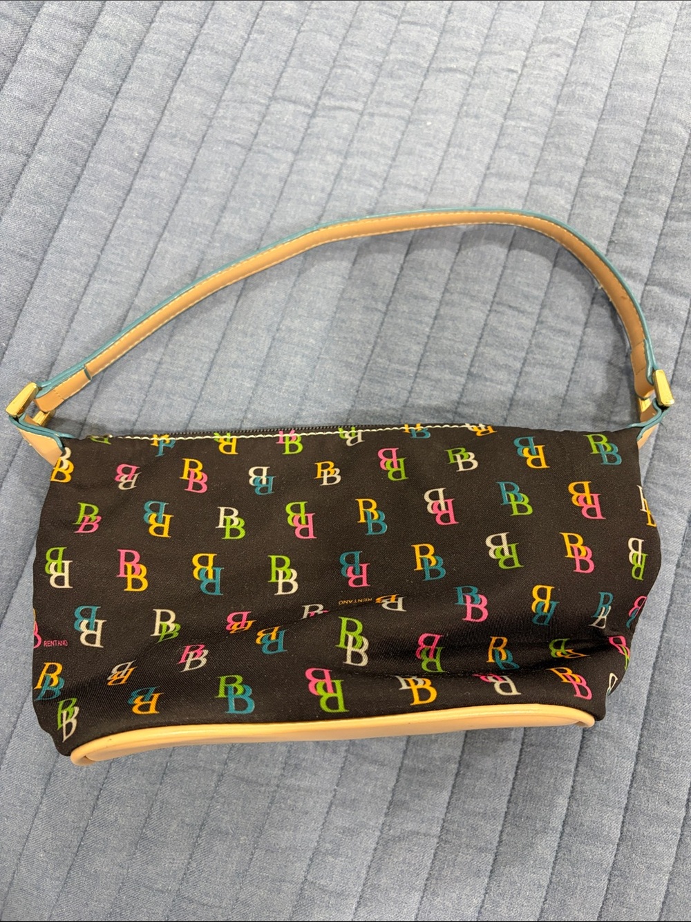 Vintage Dooney & Bourke Black Multicolor DB Print Shoulder Bag with Tan Trim
